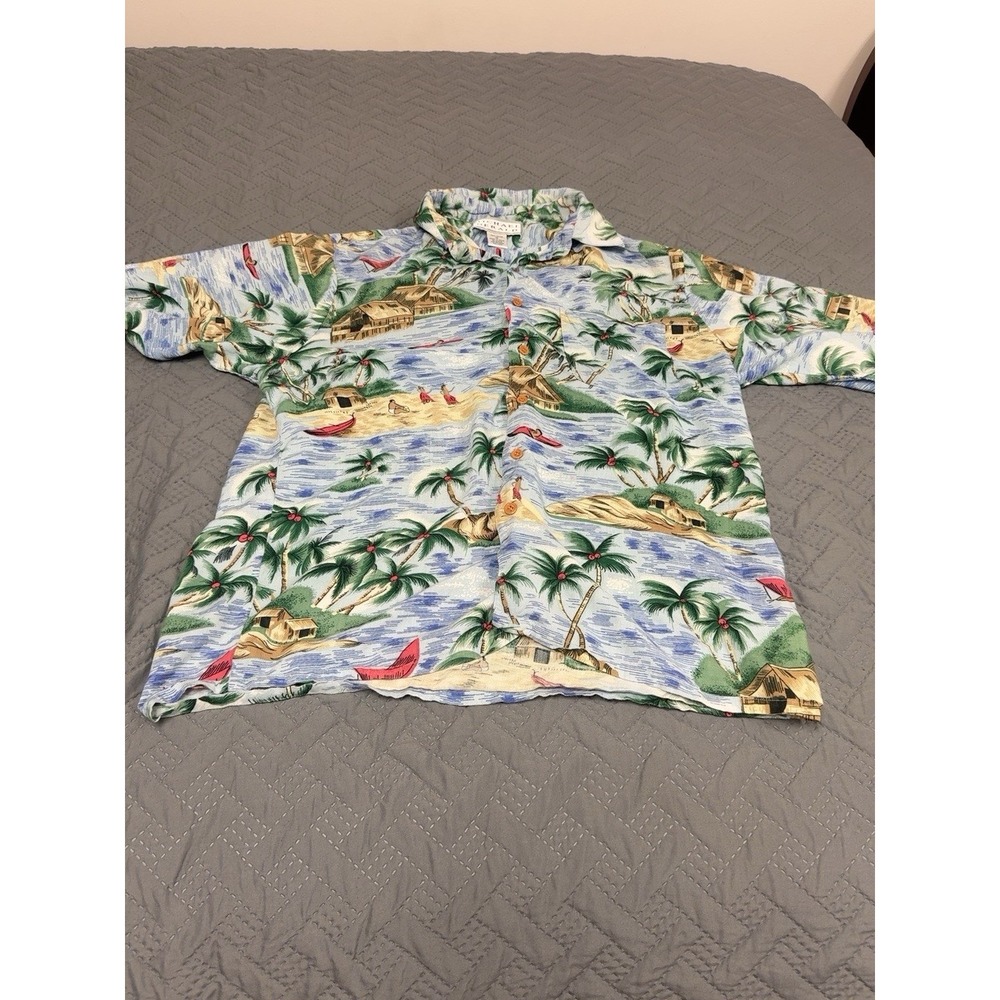 Vintage Michael Gerald Hawaiian Shirt Mens M Rayon Island Palm Canoe Aloha